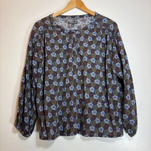 Toad&Co Womens Large Floral Henley Long Sleeve Top Blue Green Brown Relaxed Fit